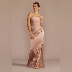 strapless charmeuse bridesmaid dress with ruching in the color sand